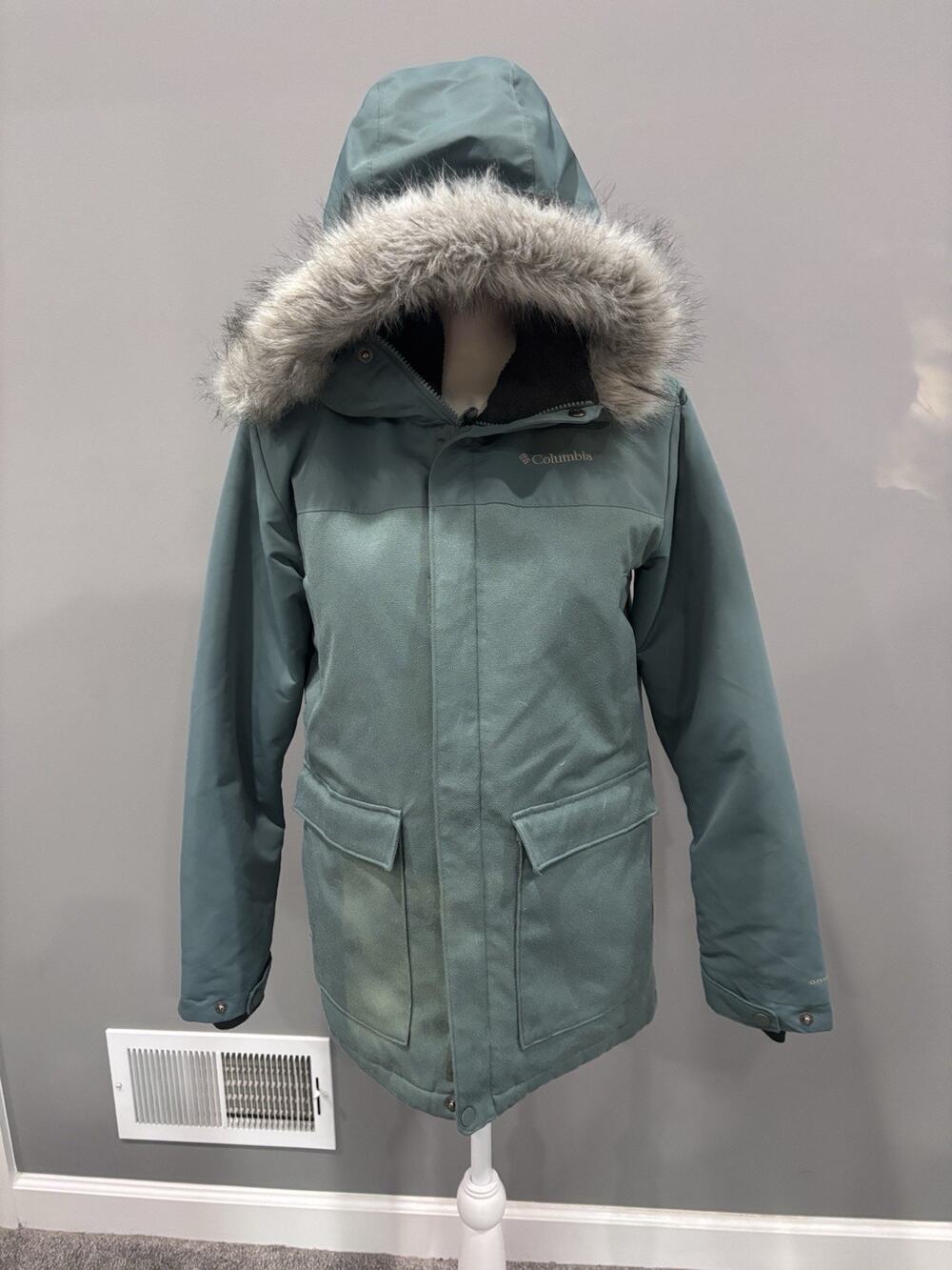 Columbia Youth Large Boundary Bay Down Parka Sage Green Faux Fur Hood Jacket GUC